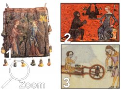 1: Tasche, Mitte 14tes Jhd, Frankreich, 2: Minnekstchen, Flandern, 3: Darstellung, Luttrell Psalter