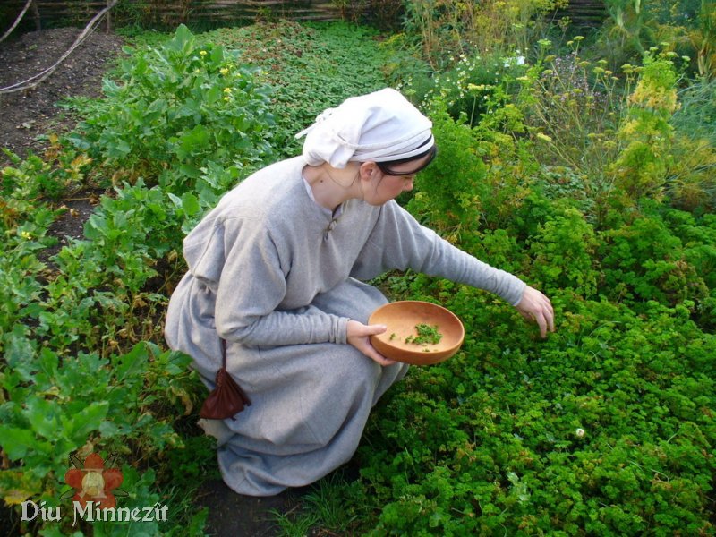 Myriam sammelt Kräuter im Garten der Burg