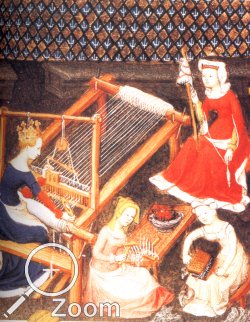 Darstellung ca. Mitte 15tes Jahrhundert mit Schritten der Textilverarbeitung