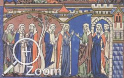 Damen verschiedenen Standes mit bodenlangen Kleidern. Kreuzfahrerbibel, 1250-60, Frankreich