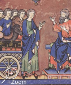 Detail der Morganbibel, 1250-60, Frankreich, Herr mit Riemchenschuhen