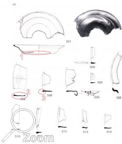 Fragmente von Zinntellern aus London: 1. Spiegel, 2. Fahne, 3.Krempung