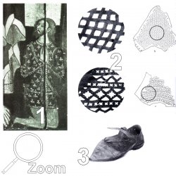 (1) Altarbild von St. John the Babtist, Mitte 14.Jhd, (2) + (3) Funde aus London