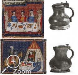 Detail des BNF Fr.122 um 1350-60, und erhaltene Hansekannen, 14tes-14tes Jahrhundert